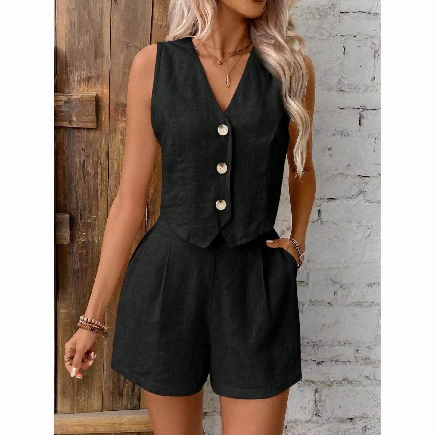Women's Linen Set Waistcoat & Shorts, V Neck, Button Front, Co-Ord