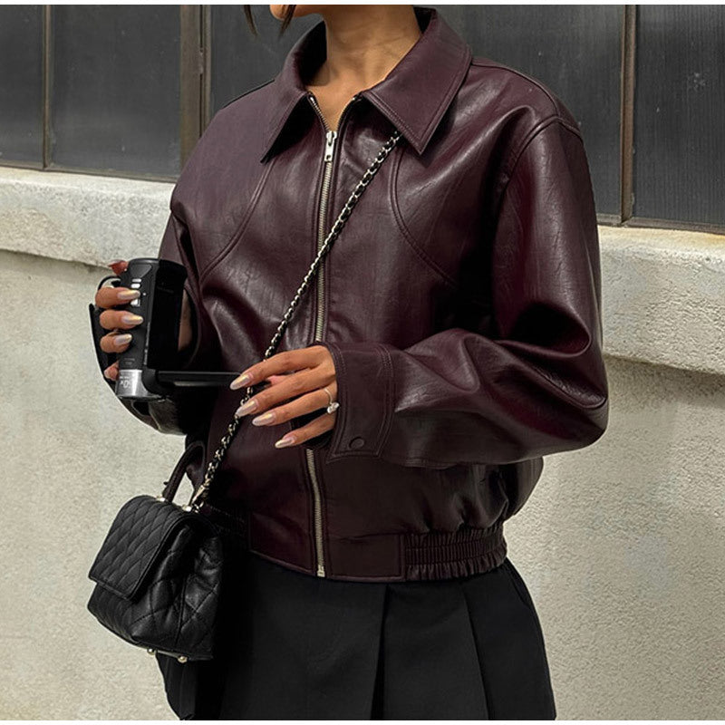 Maeve Women's Leather Jacket - Zip-Up Lapel Stretch