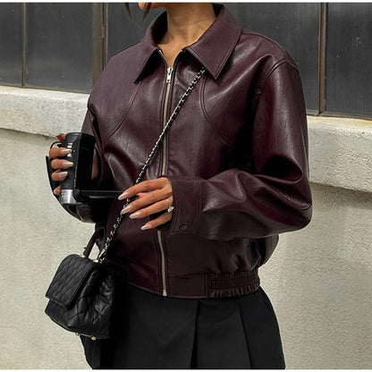Maeve Women's Leather Jacket - Zip-Up Lapel Stretch