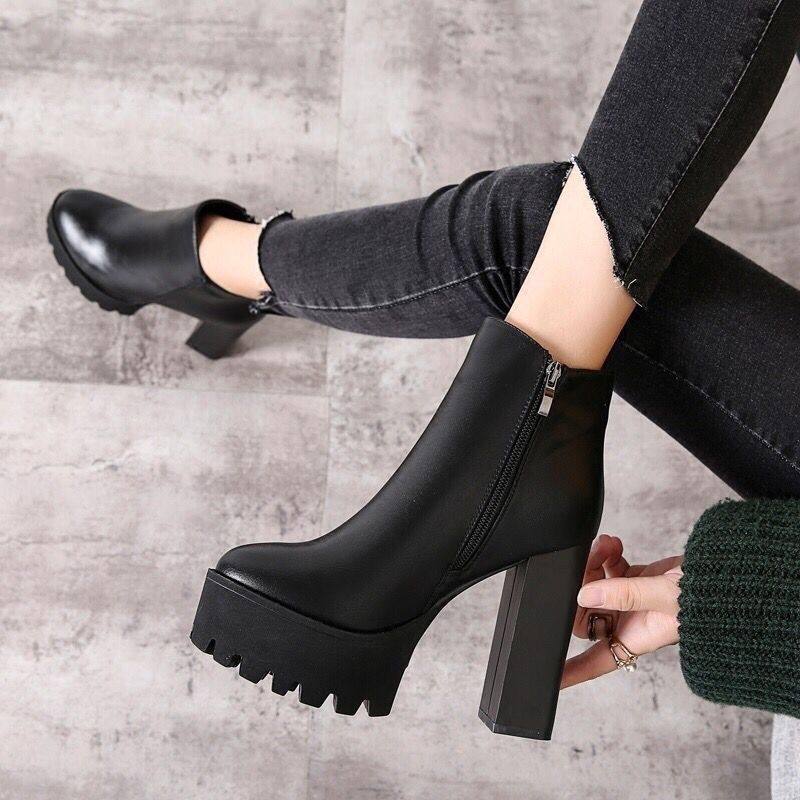 Maeve Women's Platform Ankle Boots - Chunky Heel, Side-Zip, Black
