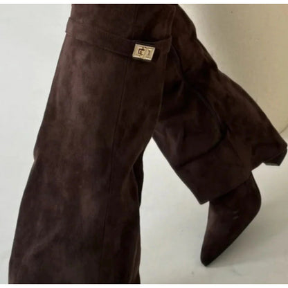 Maeve Women's Fold-Over Wedge Boots - Pointed Shark-Lock, Knee-High