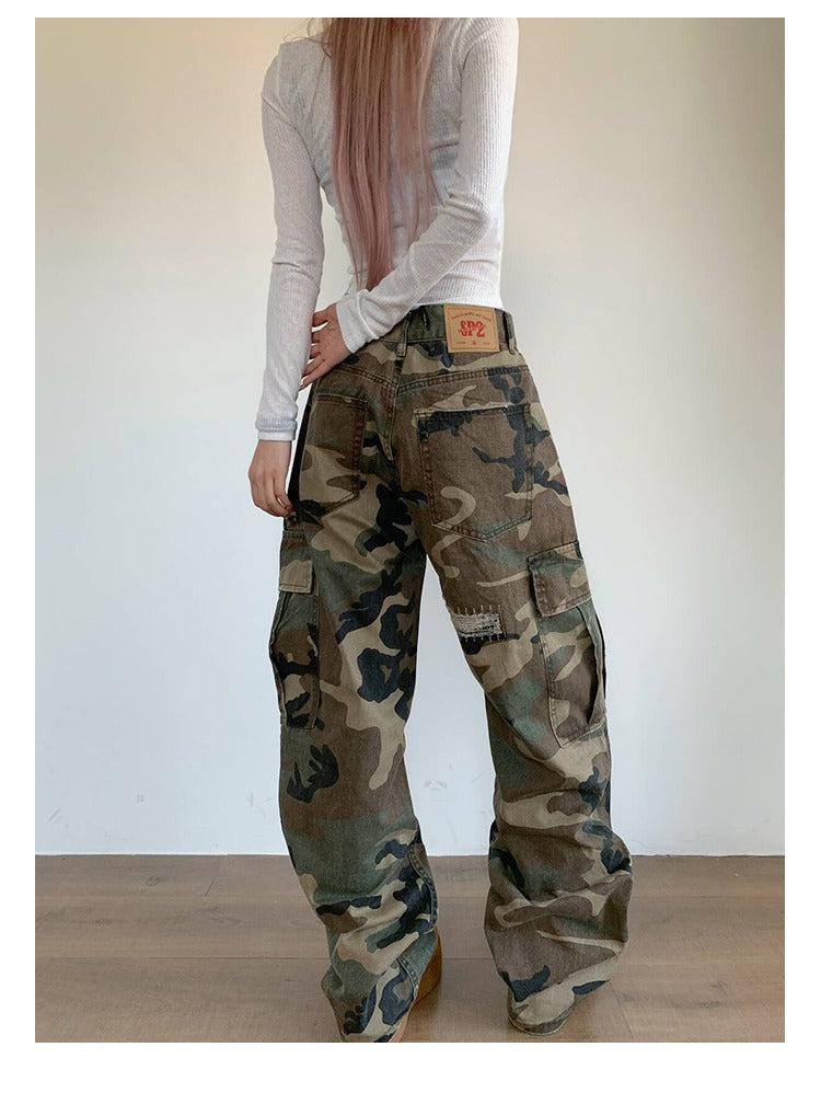 Maeve Women's Cargo Trousers - Camouflage Distressed Straight-Leg