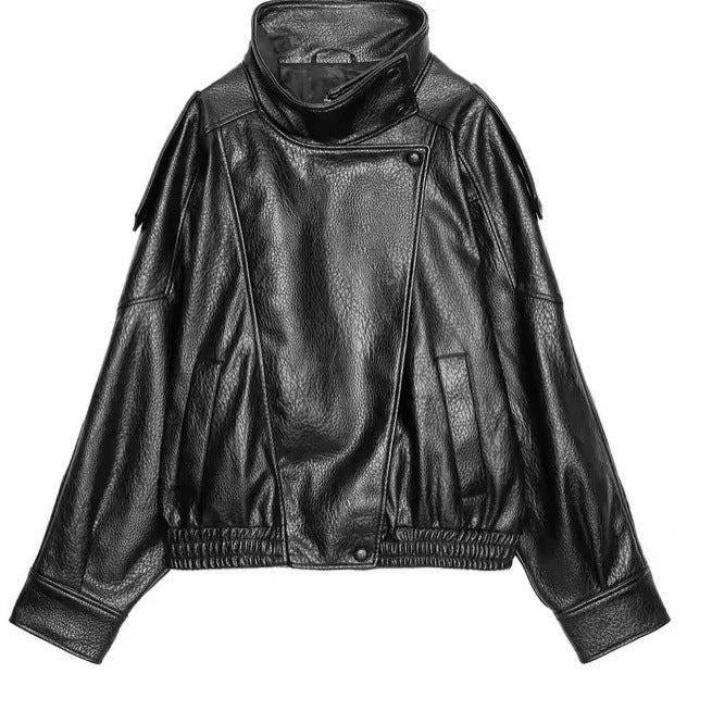 Maeve Women's Leather Jacket - High-Neck Vintage Long-Sleeve Autumn-Weight