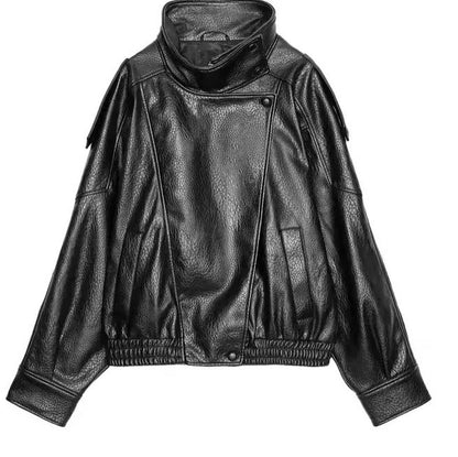 Maeve Women's Leather Jacket - High-Neck Vintage Long-Sleeve Autumn-Weight