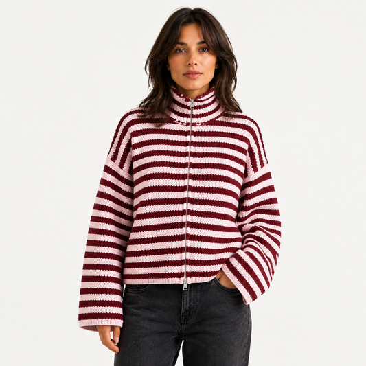 Maeve Women's Cardigan - Zip-Up Striped Wool-Blend Long-Sleeve