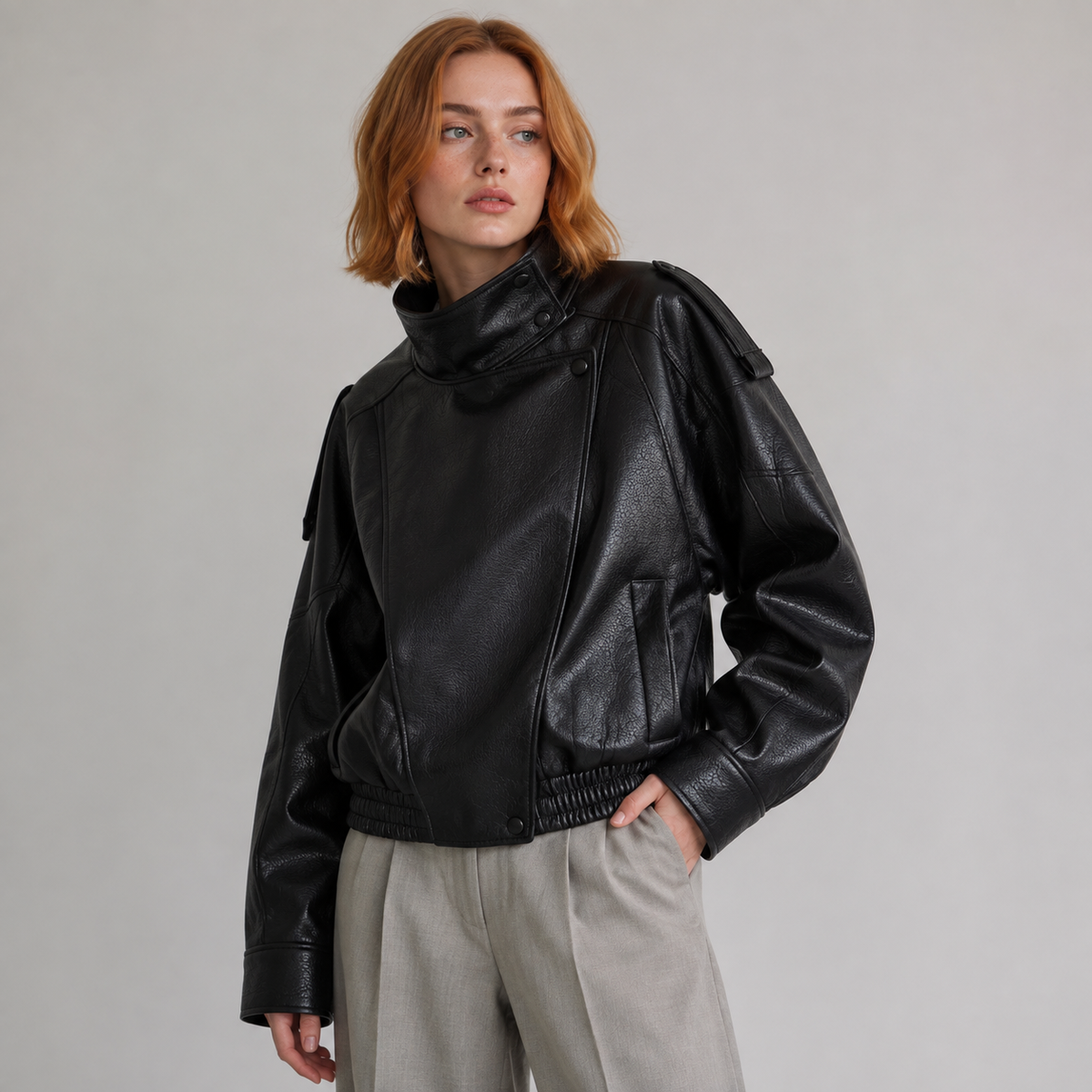 Maeve Women's Leather Jacket - High-Neck Vintage Long-Sleeve Autumn-Weight