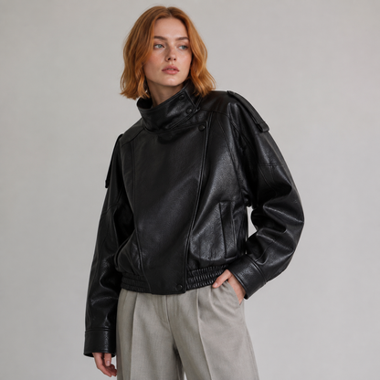 Maeve Women's Leather Jacket - High-Neck Vintage Long-Sleeve Autumn-Weight