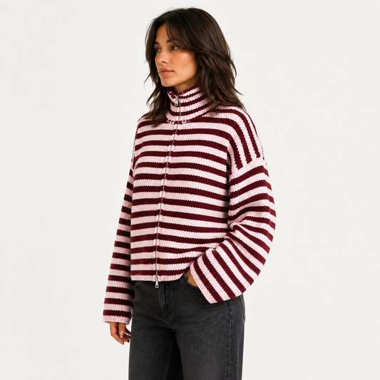 Maeve Women's Cardigan - Zip-Up Striped Wool-Blend Long-Sleeve