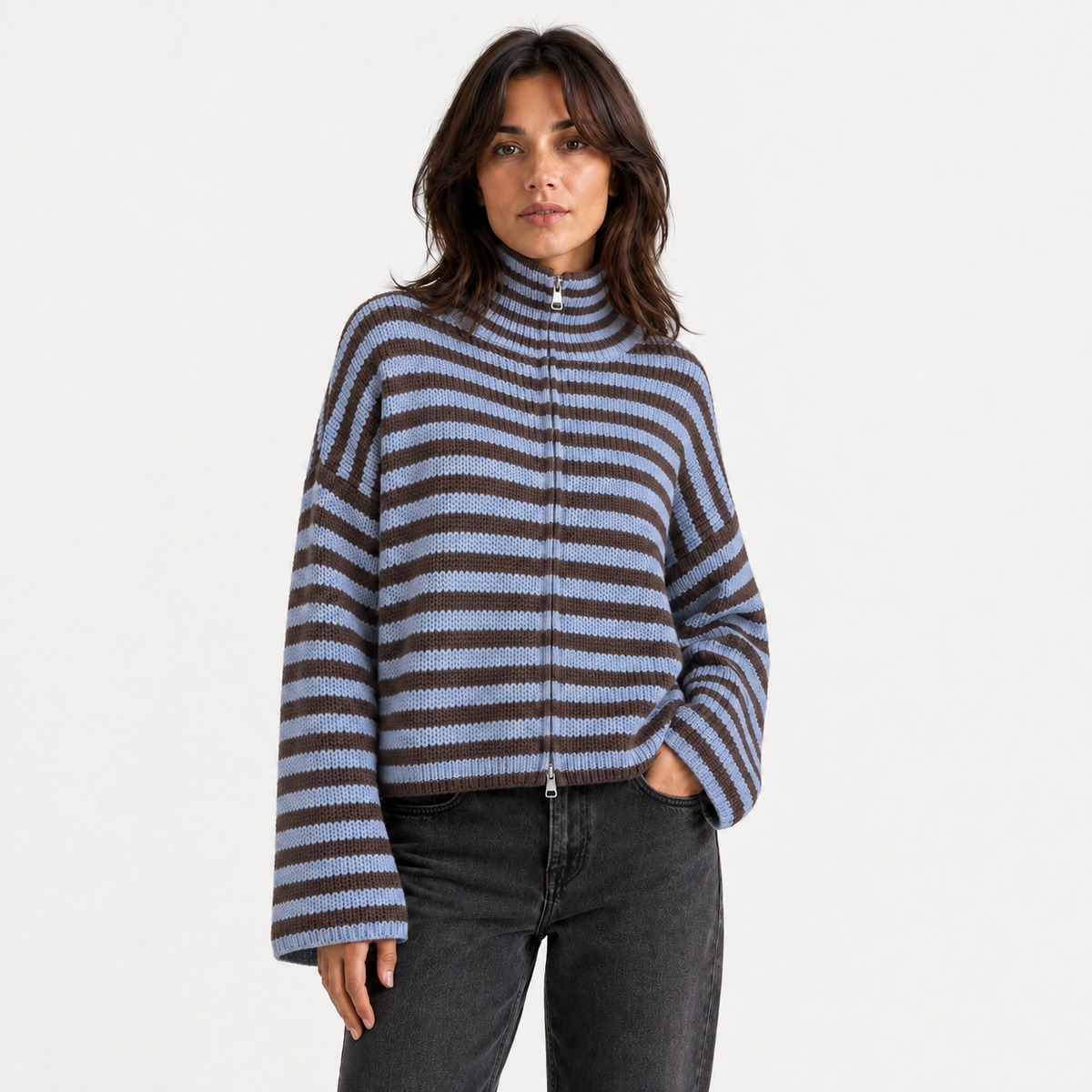 Maeve Women's Cardigan - Zip-Up Striped Wool-Blend Long-Sleeve