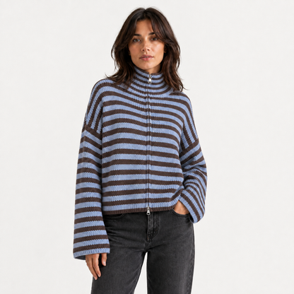 Maeve Women's Cardigan - Zip-Up Striped Wool-Blend Long-Sleeve
