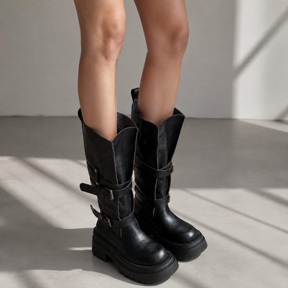 Maeve Women's Chunky Platform Boots - Buckle Strap, Mid-Calf
