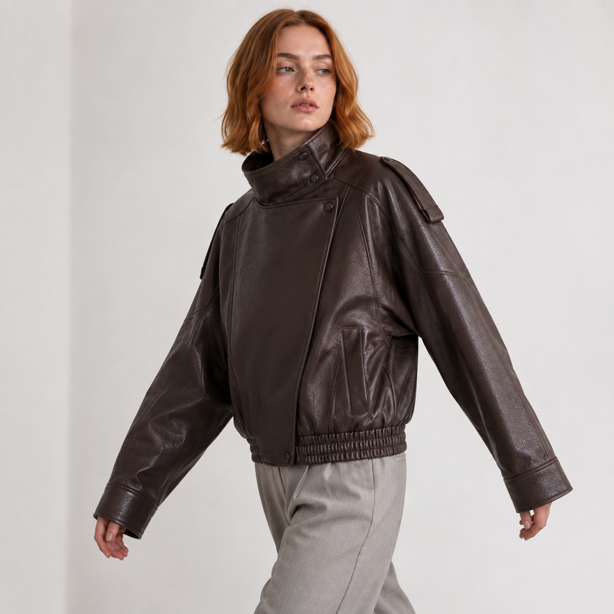 Maeve Women's Leather Jacket - High-Neck Vintage Long-Sleeve Autumn-Weight
