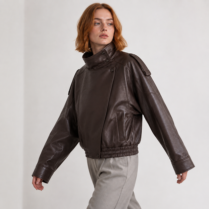Maeve Women's Leather Jacket - High-Neck Vintage Long-Sleeve Autumn-Weight