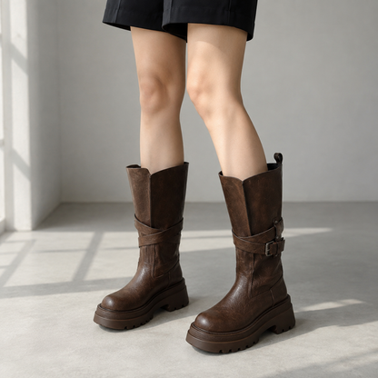 Maeve Women's Chunky Platform Boots - Buckle Strap, Mid-Calf