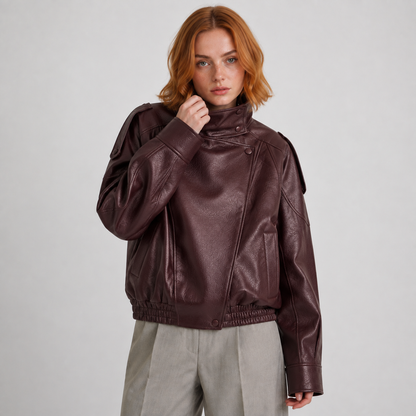 Maeve Women's Leather Jacket - High-Neck Vintage Long-Sleeve Autumn-Weight