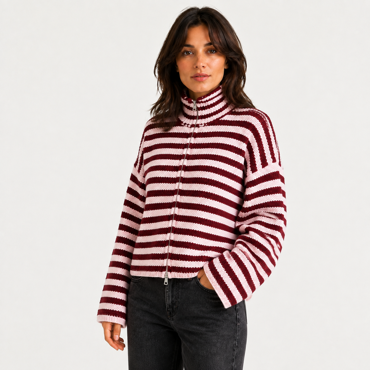 Maeve Women's Cardigan - Zip-Up Striped Wool-Blend Long-Sleeve