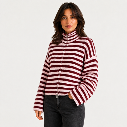 Maeve Women's Cardigan - Zip-Up Striped Wool-Blend Long-Sleeve