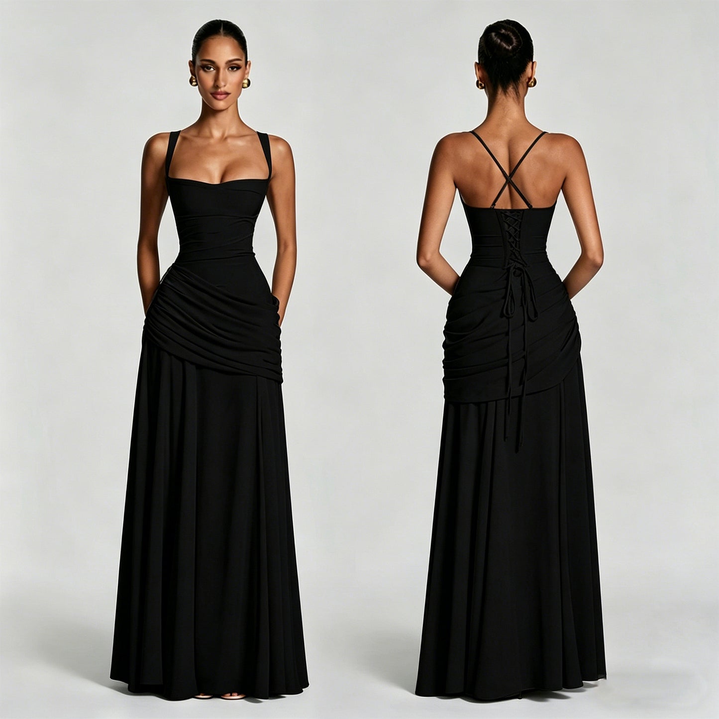 Women's Maxi Dress  Chiffon, Square Neck, Ruched Bodice, Lace-Up Back