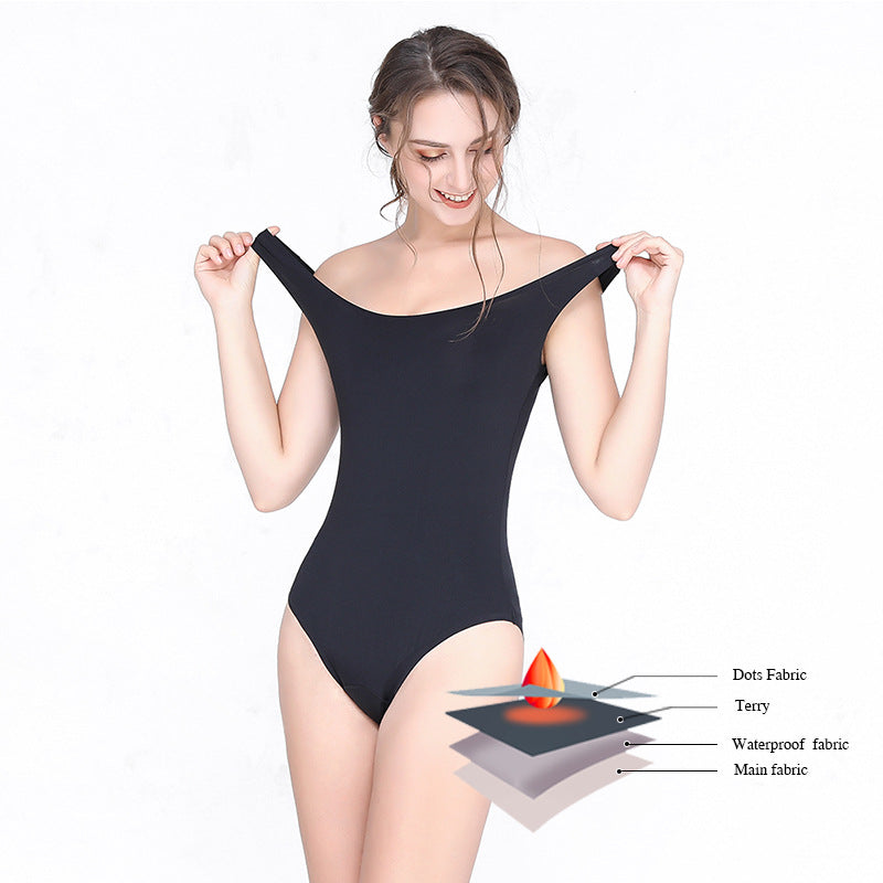 Black Period Swimsuit Women Leak Proof One Piece Swimwear, Off Shoulder