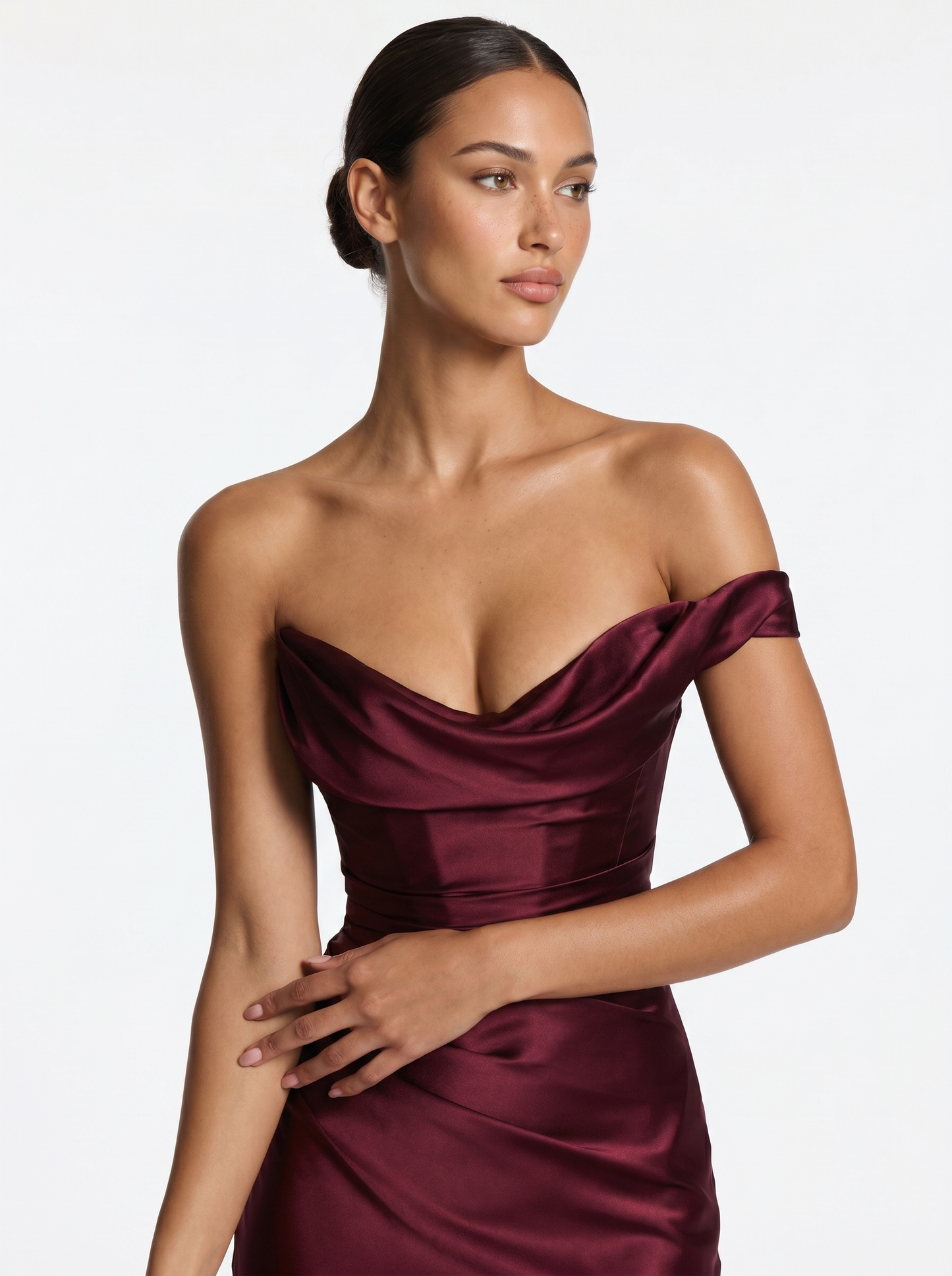Bardot Satin Maxi Burgundy - Half body