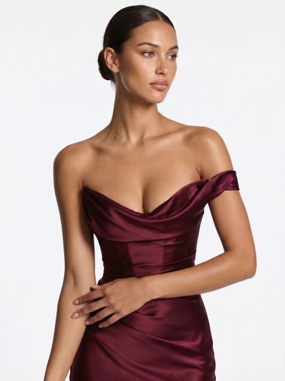 Bardot Satin Maxi Burgundy - Half body
