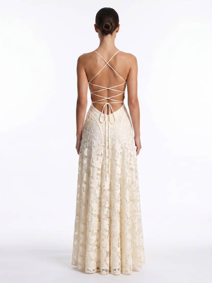 Lace Backless Maxi Beige - Back