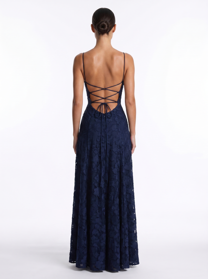 Lace Backless Maxi Navy - Back