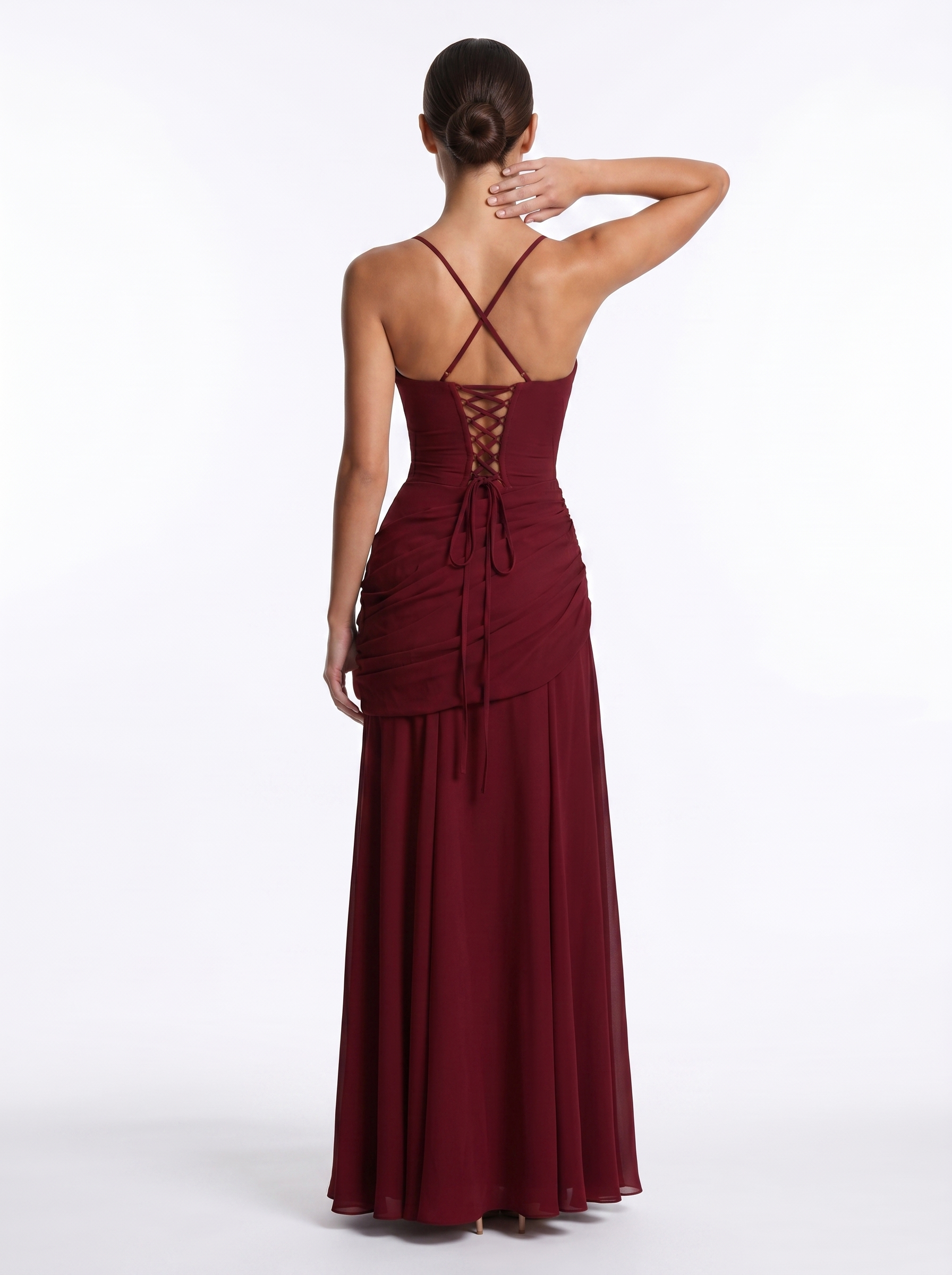 Ruched Chiffon Maxi Burgundy - Back