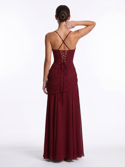 Ruched Chiffon Maxi Burgundy - Back