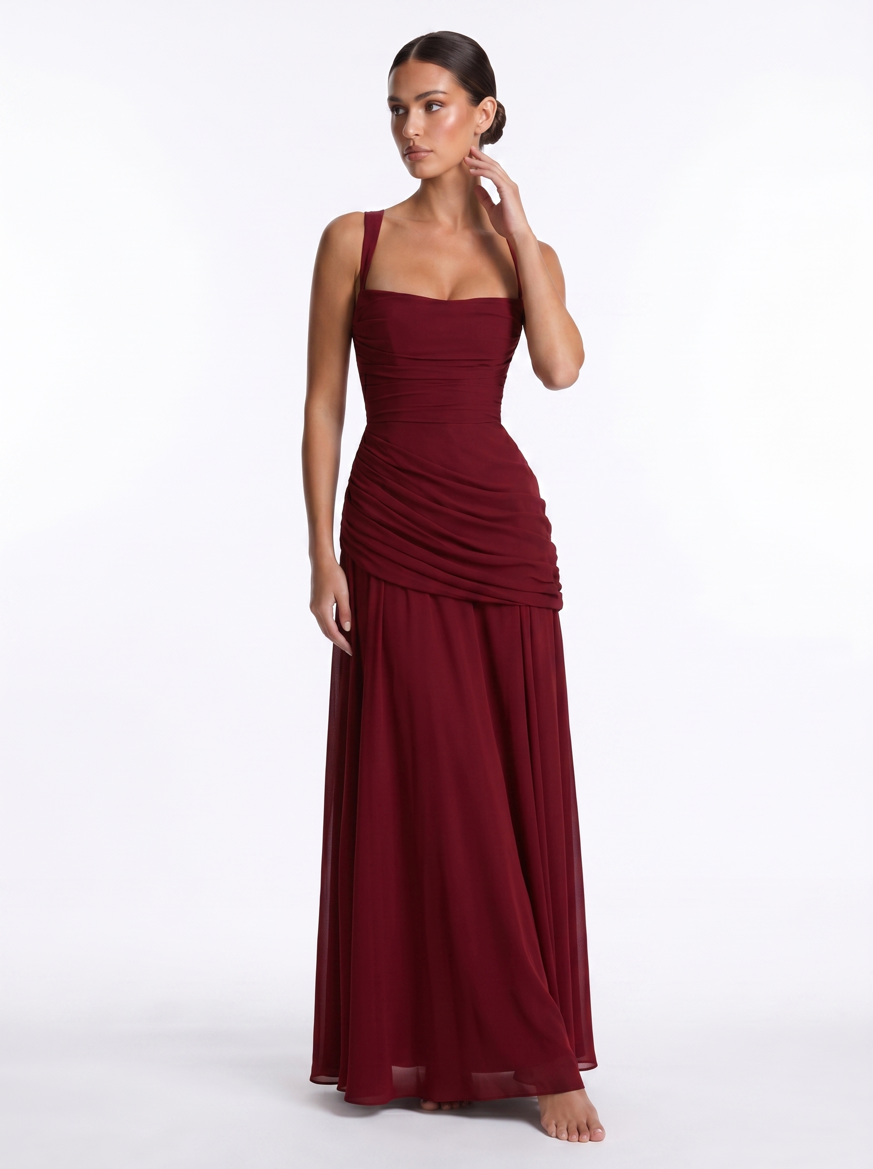 Ruched Chiffon Maxi Burgundy - Alt pose