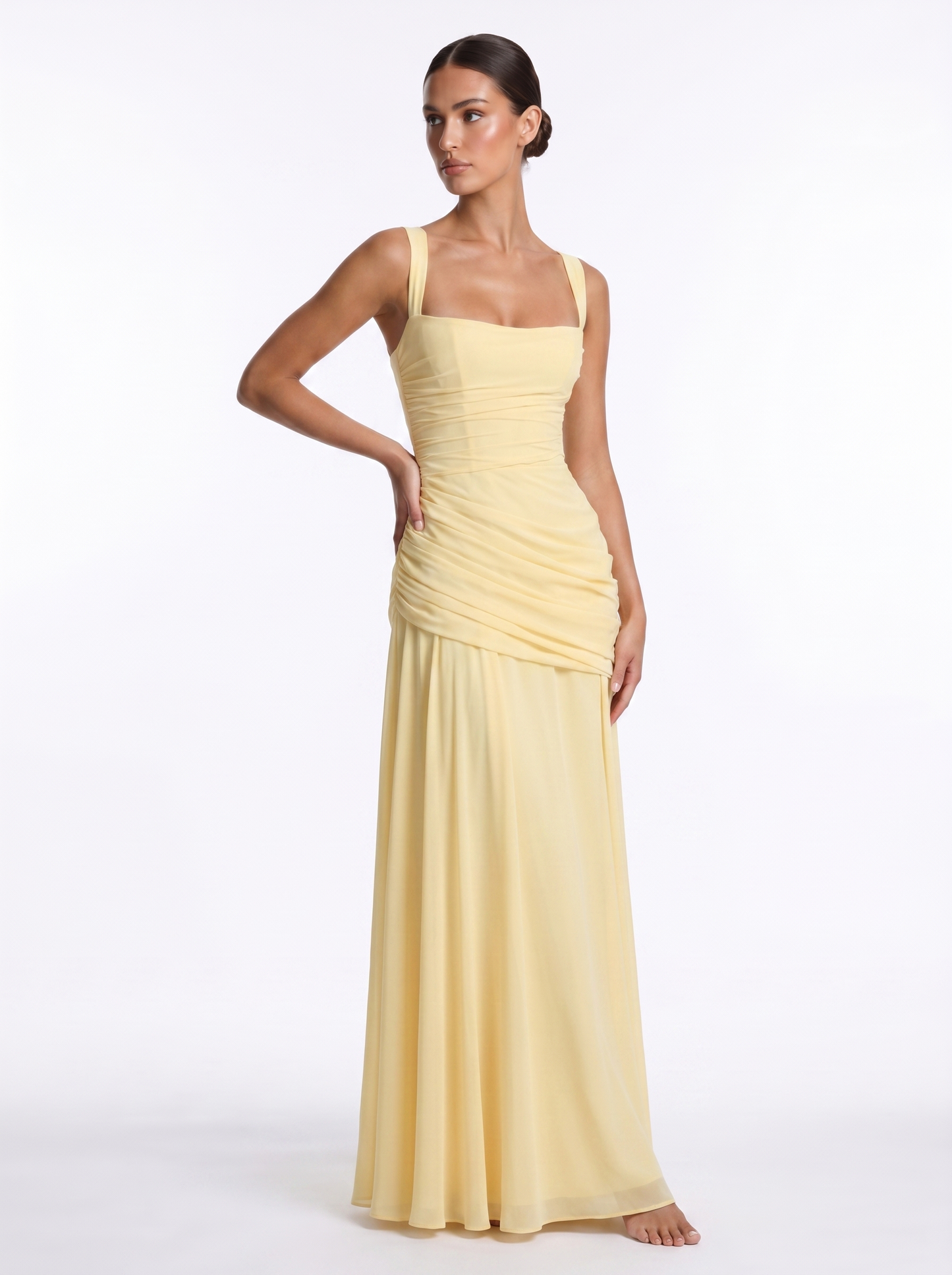 Ruched Chiffon Maxi Yellow - Three-quarter