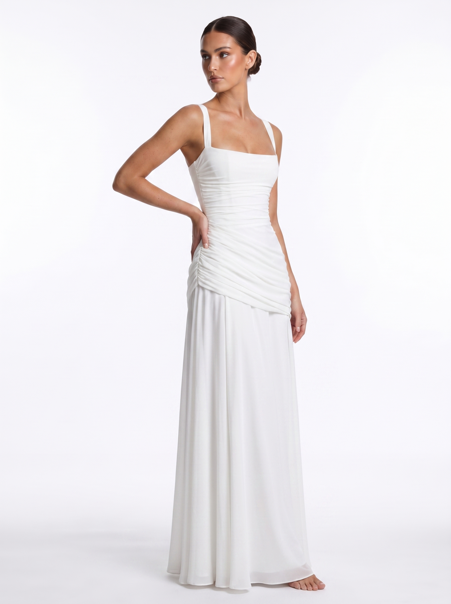 Ruched Chiffon Maxi White - Three-quarter
