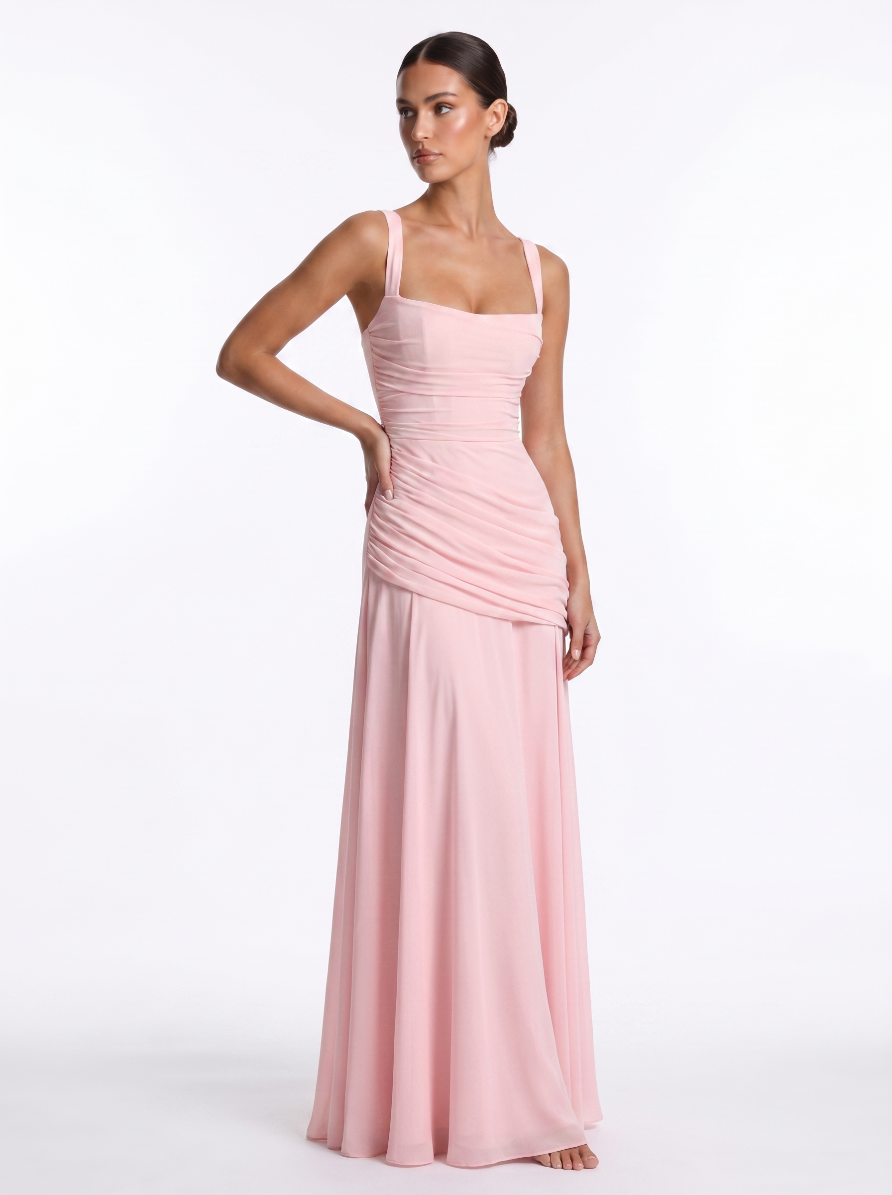 Ruched Chiffon Maxi Pink - Three-quarter
