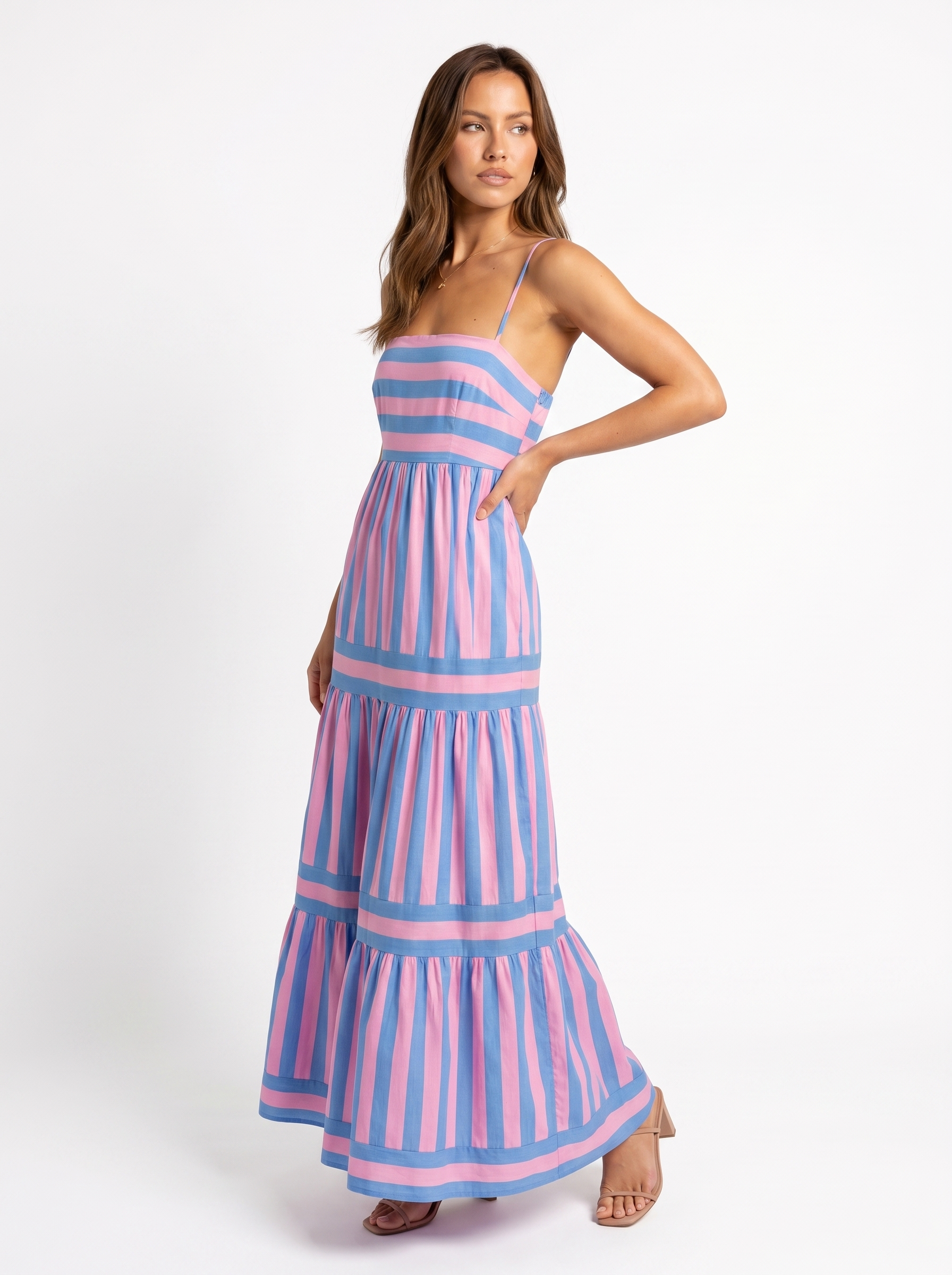 Tiered Striped Maxi Pink - Three-quarter