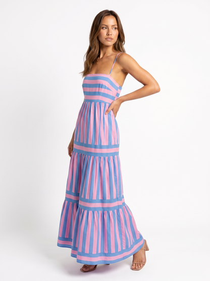 Tiered Striped Maxi Pink - Three-quarter