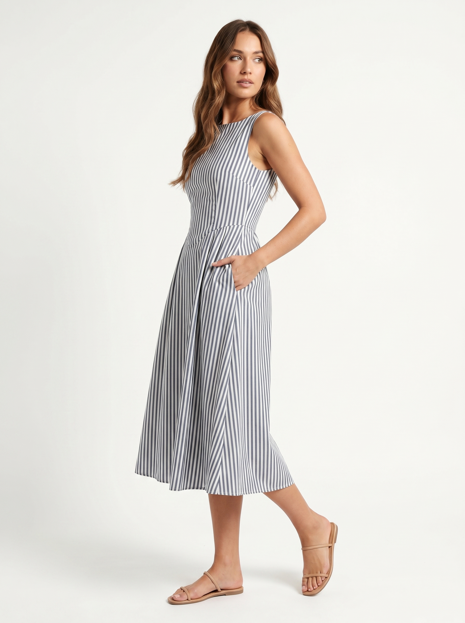 Striped Midi Square Neck Black - Three-quarter