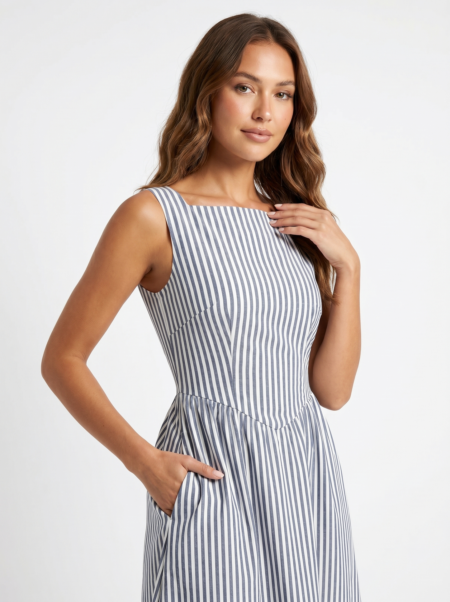 Striped Midi Square Neck Black - Half body