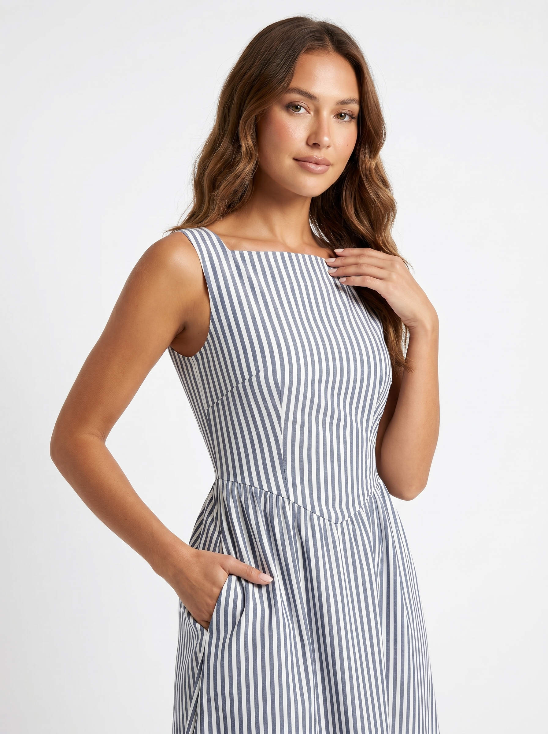 Striped Midi Square Neck Black - Half body