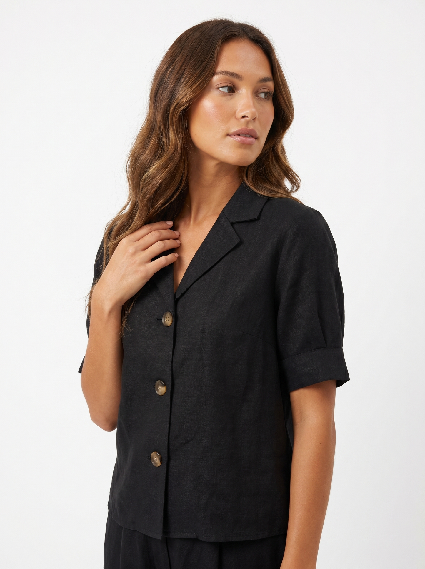 Linen Blouse Black - Three-quarter