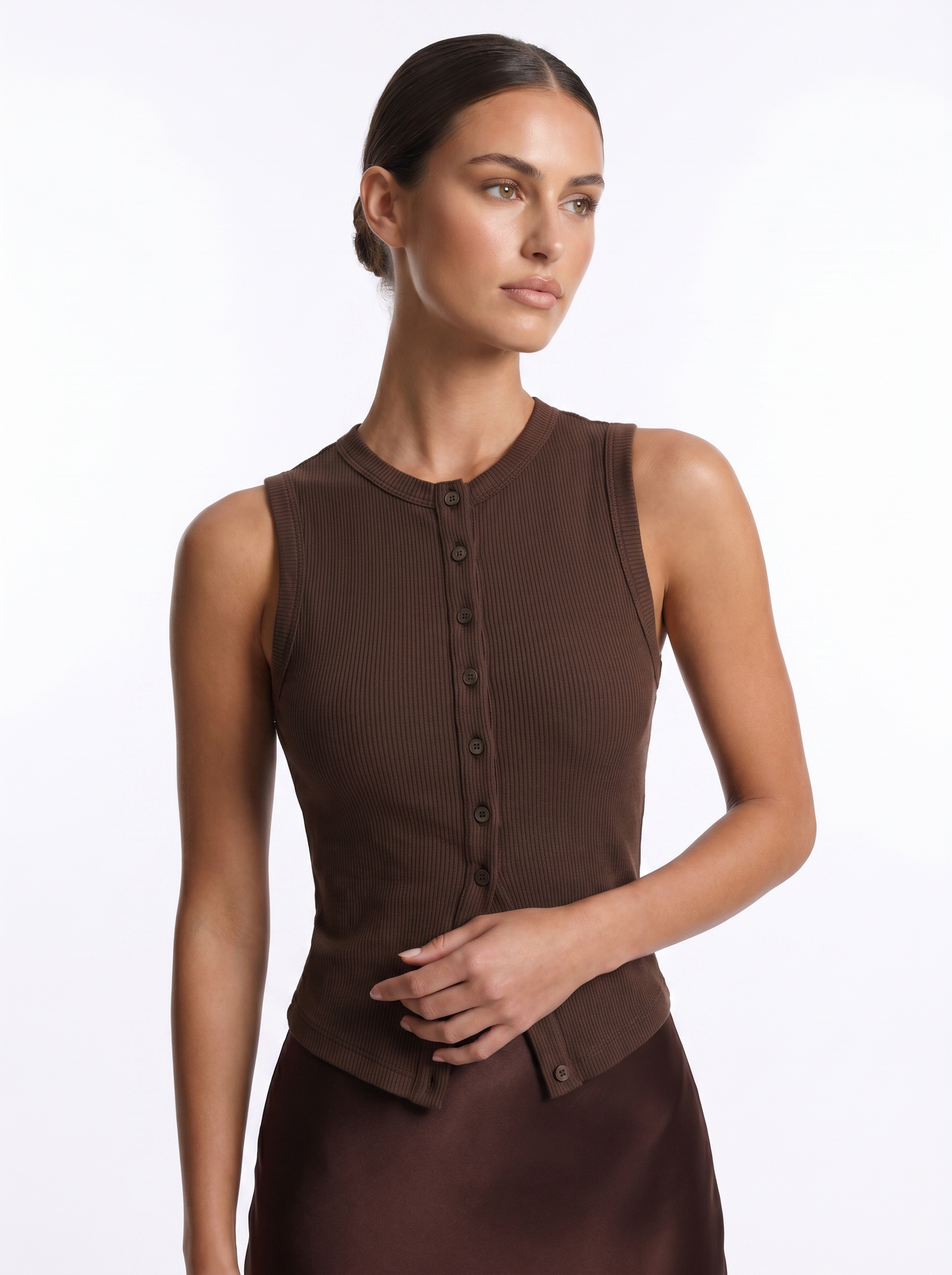 Button Vest Dark Brown - Alt