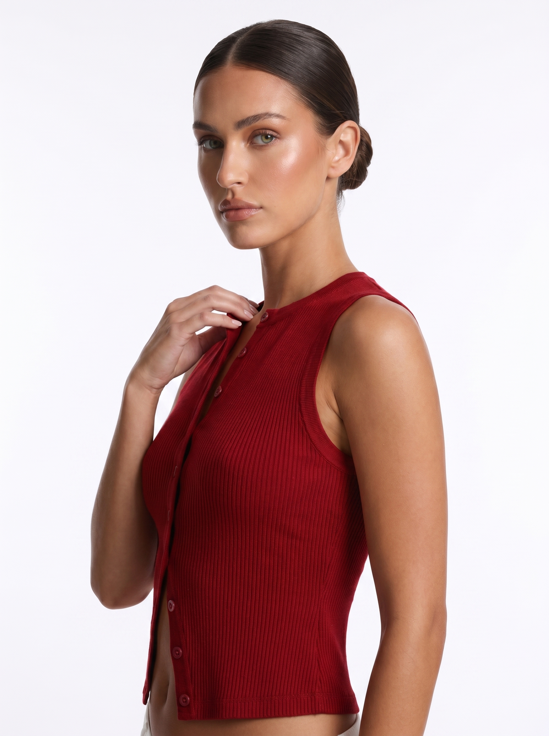 Button Vest Red - Three-quarter