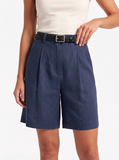 Maeve & Co — Belted Tailored Shorts, Blue, front hero