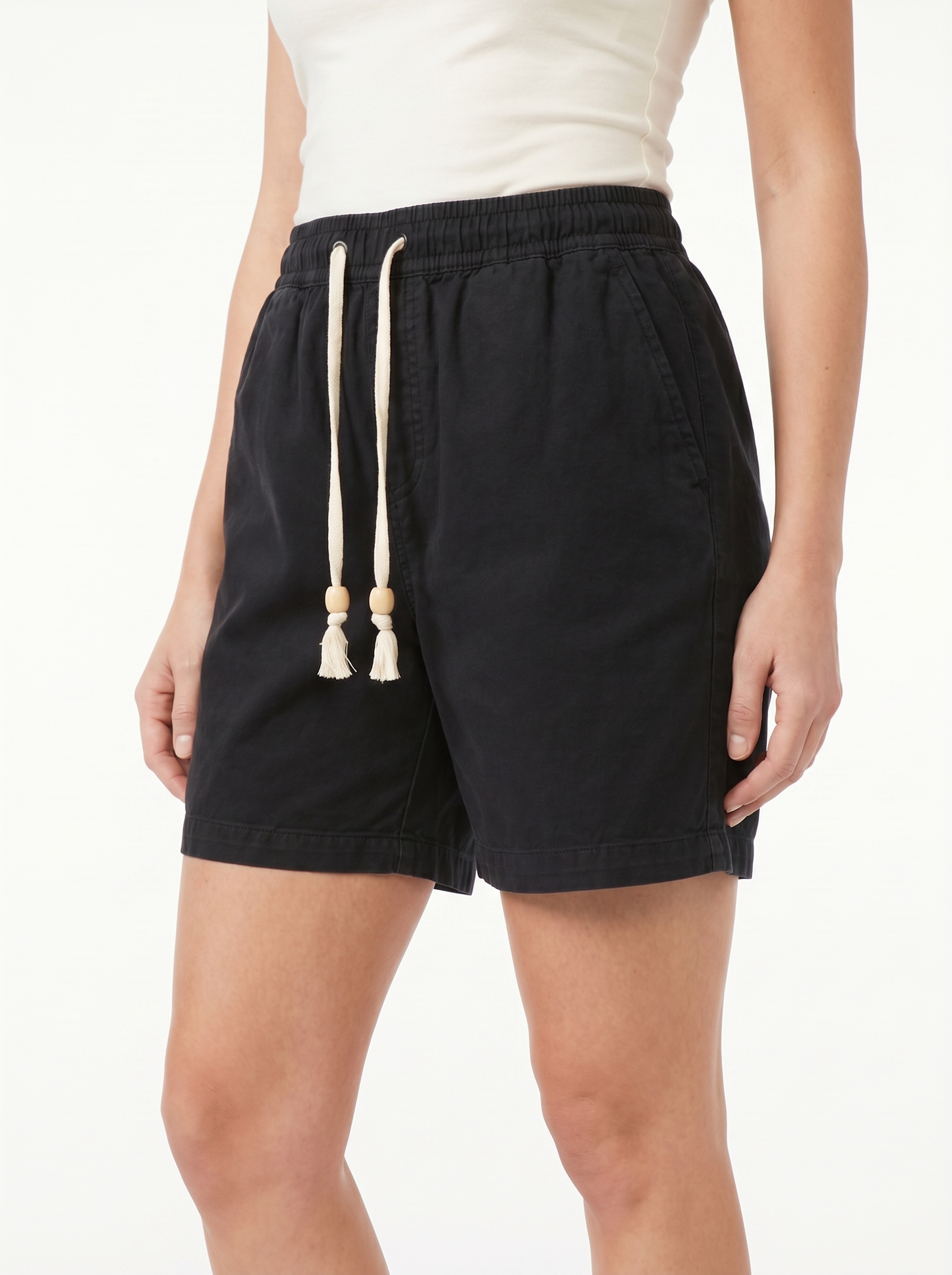 Maeve & Co — Drawstring Cotton Linen Shorts, Black, three-quarter