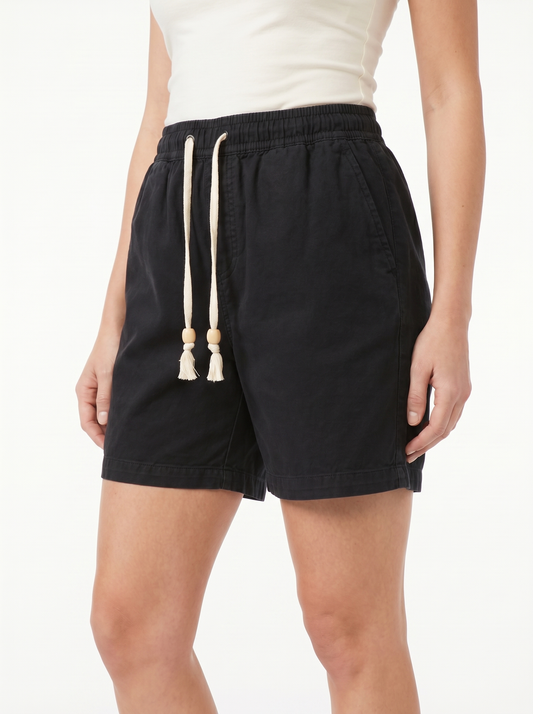 Maeve & Co — Drawstring Cotton Linen Shorts, Black, three-quarter