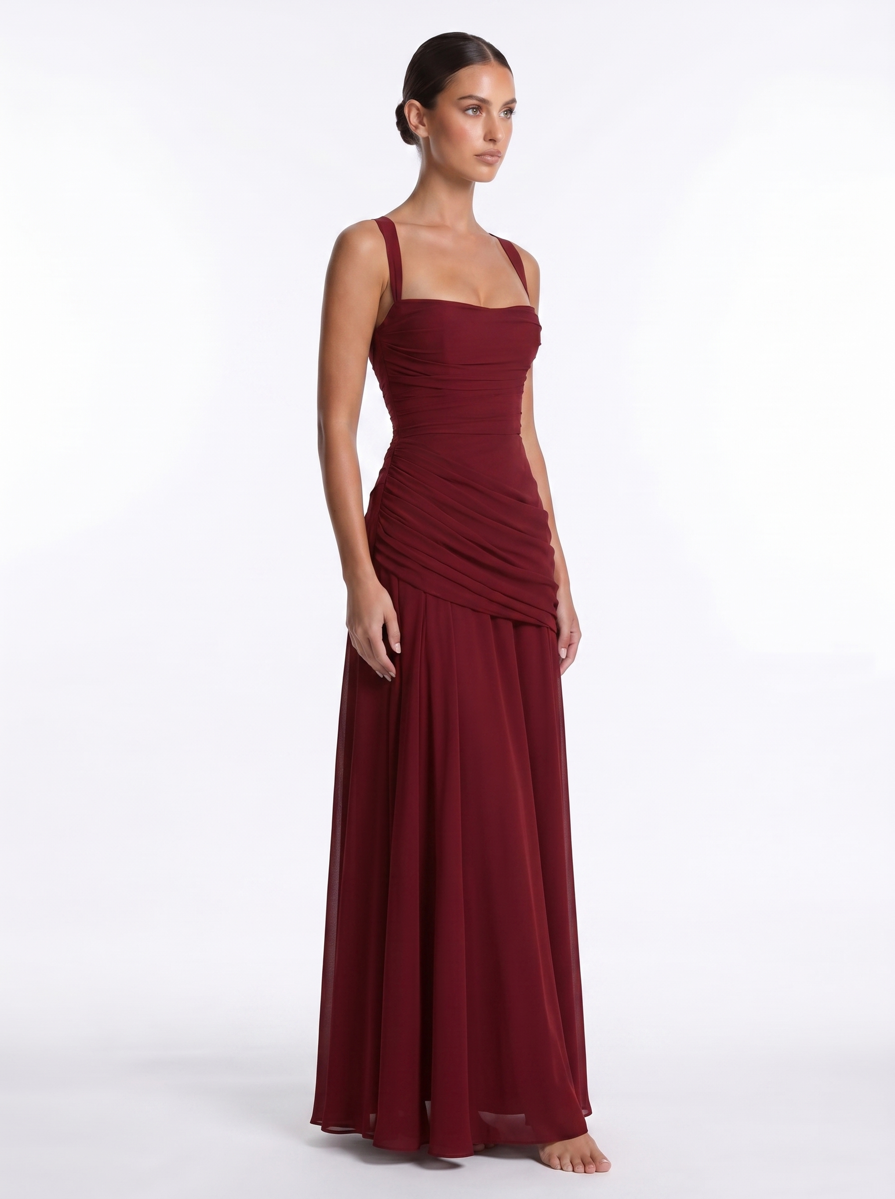 Ruched Chiffon Maxi Burgundy - Three-quarter