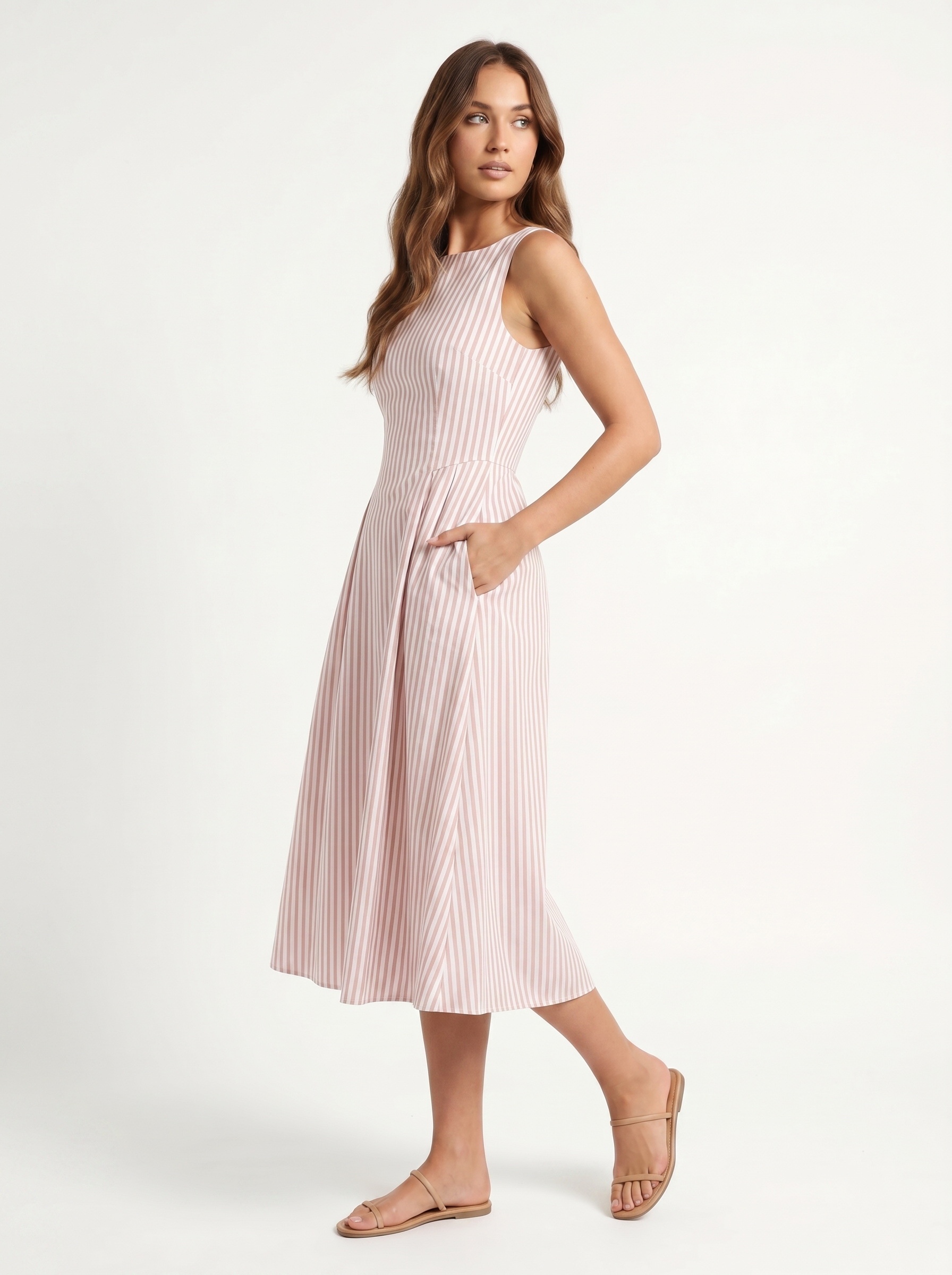 Striped Midi Square Neck Pink - Three-quarter