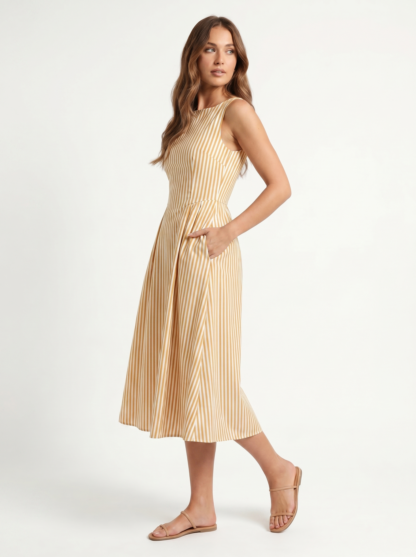 Striped Midi Square Neck Yellow - Three-quarter