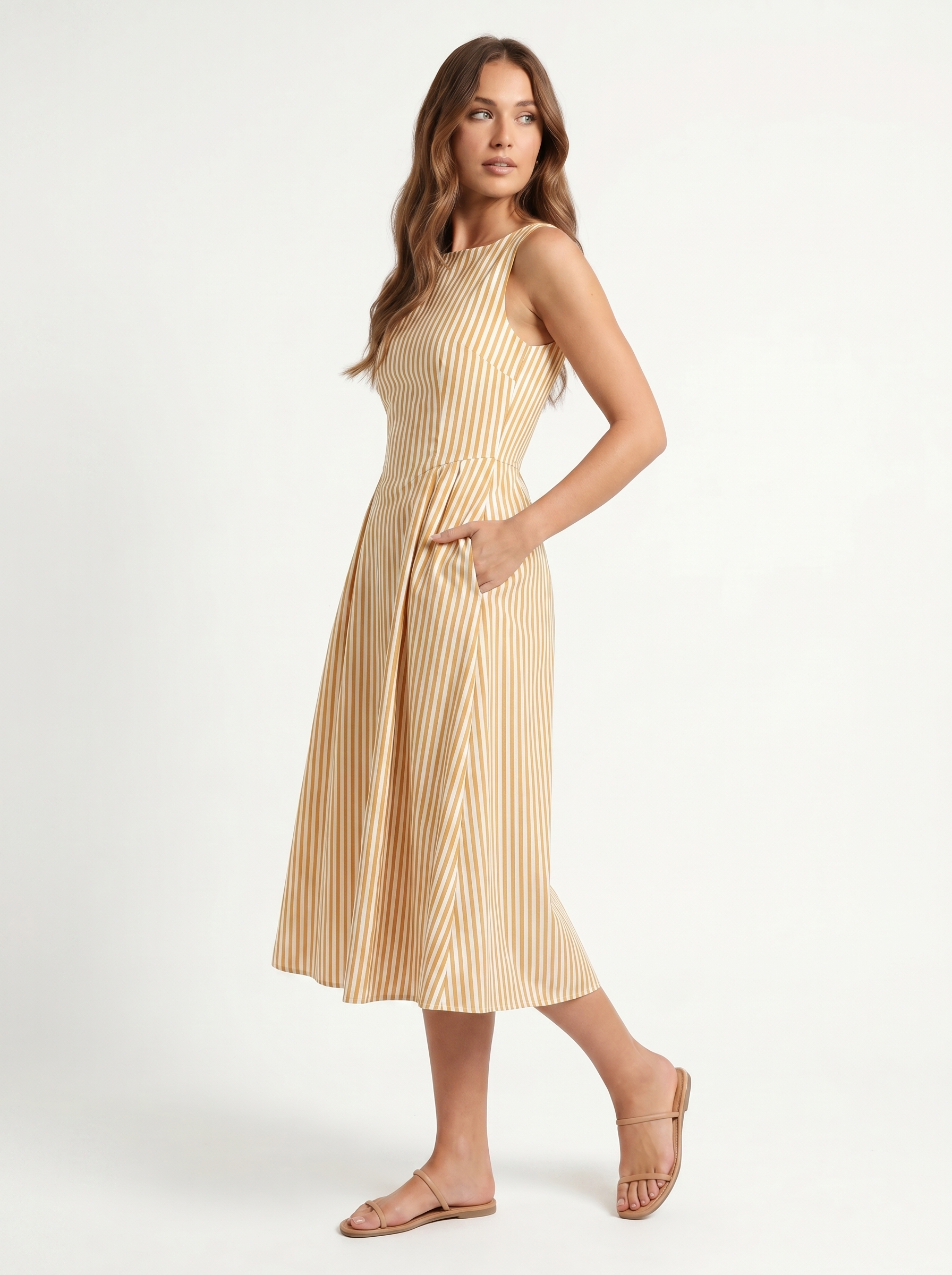 Striped Midi Square Neck Yellow - Three-quarter