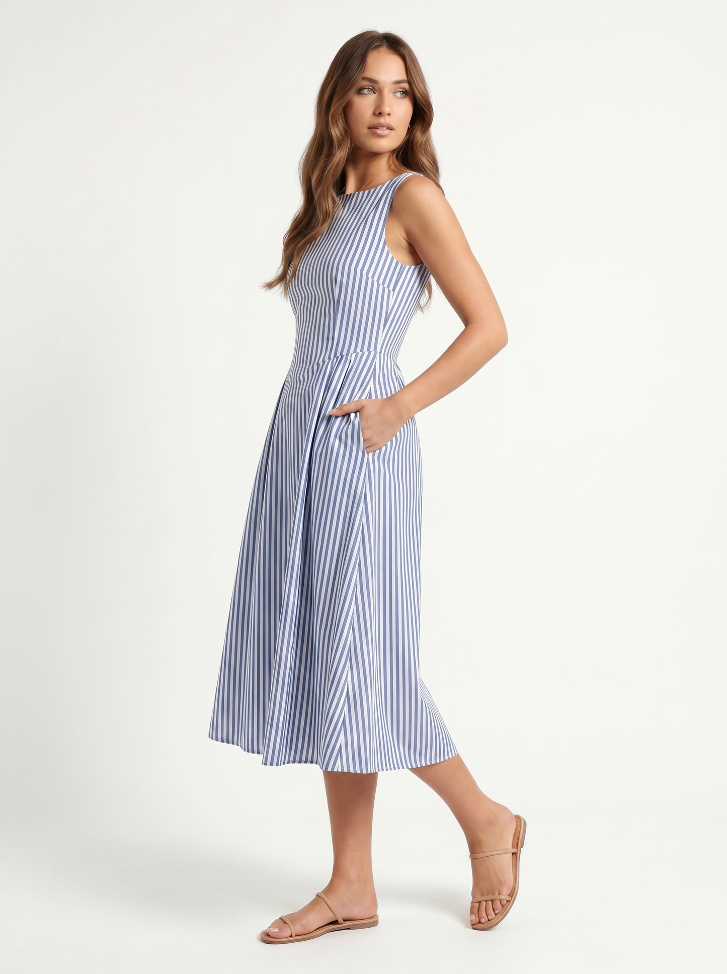 Striped Midi Square Neck Blue - Three-quarter