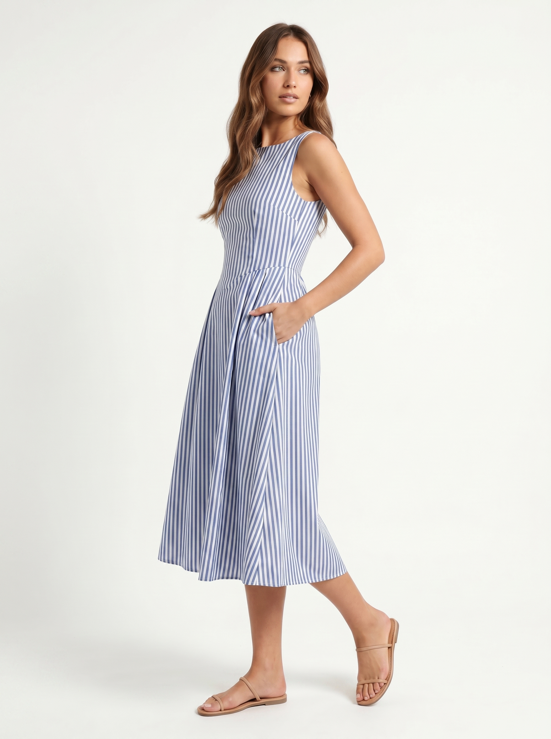 Striped Midi Square Neck Blue - Three-quarter